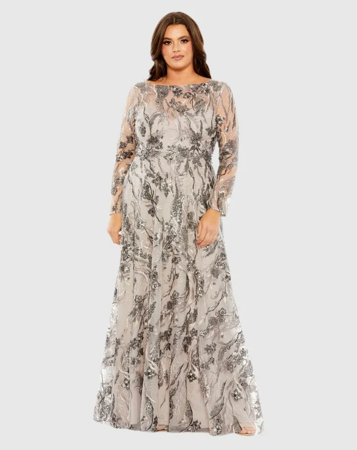 Women Mac Duggal Embroidered Long Sleeve A Line Gown Taupe Plus Size Dresses