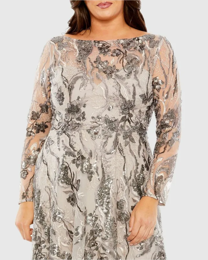 Women Mac Duggal Embroidered Long Sleeve A Line Gown Taupe Plus Size Dresses Women Mac Duggal Embroidered Long Sleeve A Line Gown Taupe Plus Size Dresses
