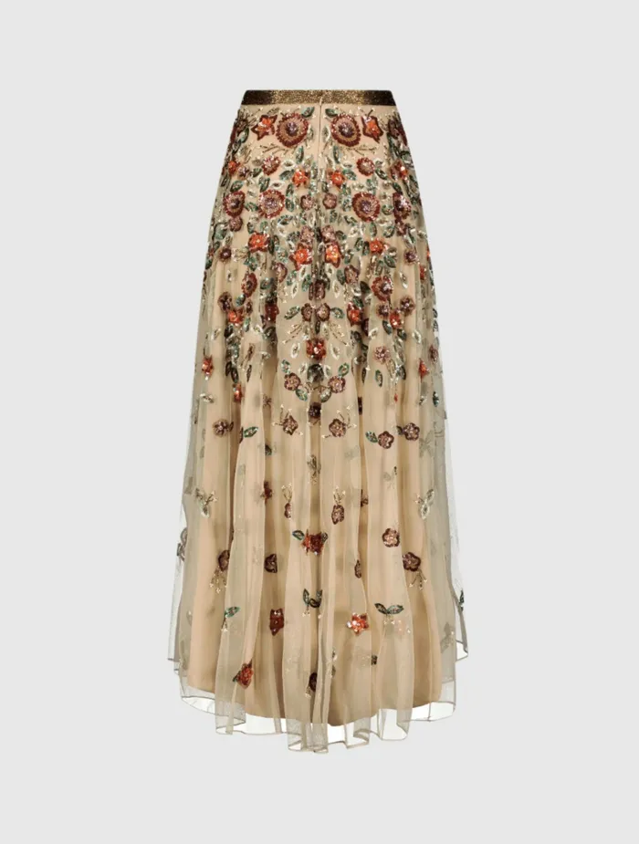 Women Mac Duggal Floral Beaded Long Chiffon Skirt Coffee Skirts