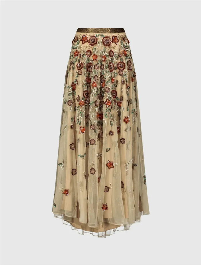 Women Mac Duggal Floral Beaded Long Chiffon Skirt Coffee Skirts