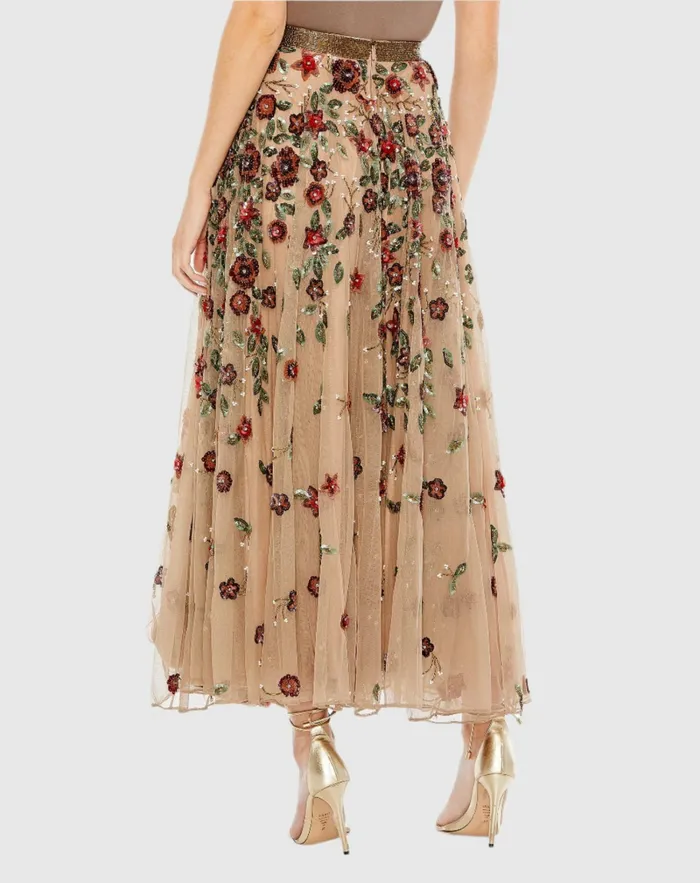 Women Mac Duggal Floral Beaded Long Chiffon Skirt Coffee Skirts