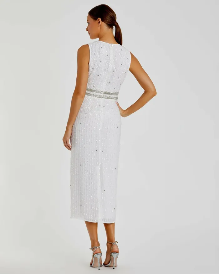 Women Mac Duggal Sleeveless High Neck Beaded Midi Sheath Dress White Cocktail Dresses