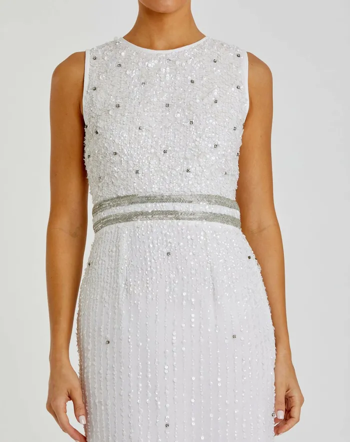 Women Mac Duggal Sleeveless High Neck Beaded Midi Sheath Dress White Cocktail Dresses