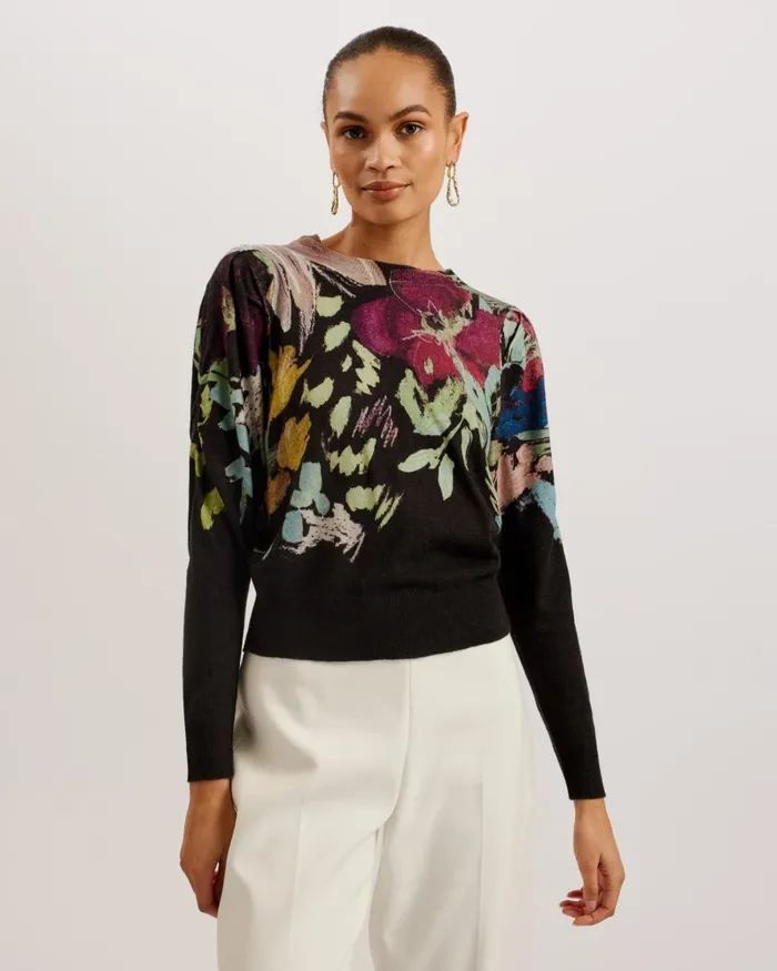 Women MAGARIT 8211 Floral Pleated Long Sleeve Sweater Black Ted Baker Jumpers and Cardigans Women MAGARIT 8211 Floral Pleated Long Sleeve Sweater Black Ted Baker Jumpers and Cardigans