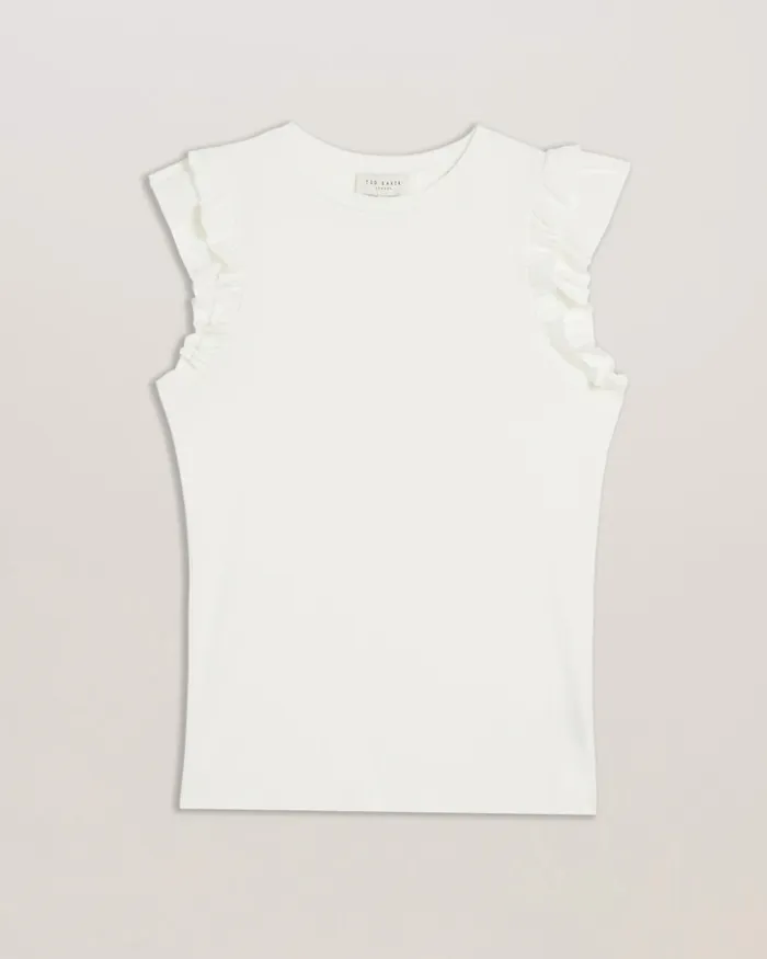 Women MARHLOU 8211 Frill Shoulder Ribbed Fitted Top Ivory Ted Baker Tops and Blouses