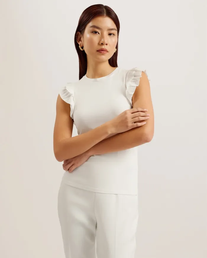 Women MARHLOU 8211 Frill Shoulder Ribbed Fitted Top Ivory Ted Baker Tops and Blouses
