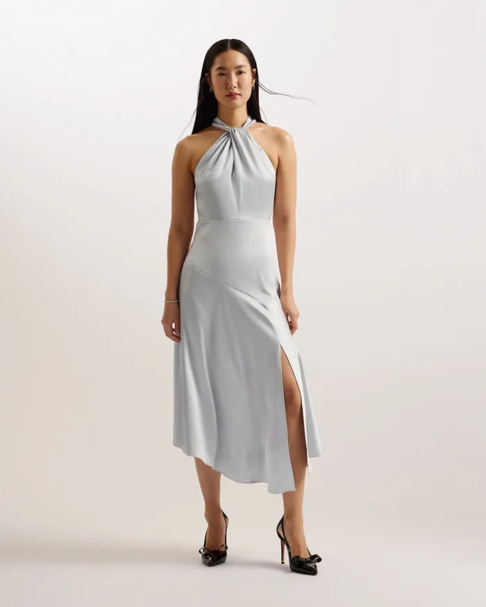 Women MASAE 8211 Twist Neck Satin Asymmetric Midi Dress Light Grey Ted Baker Dresses
