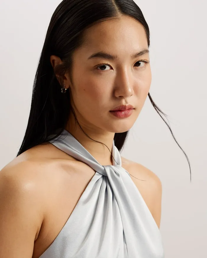 Women MASAE 8211 Twist Neck Satin Asymmetric Midi Dress Light Grey Ted Baker Dresses