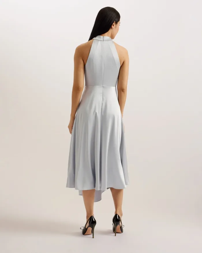 Women MASAE 8211 Twist Neck Satin Asymmetric Midi Dress Light Grey Ted Baker Dresses
