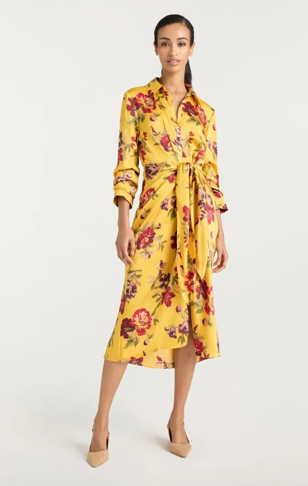 Women Midi Cinq Sept Brigitte Floral Jacey Dress Deep Gold Multi