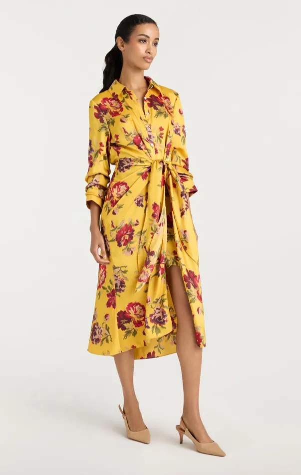 Women Midi Cinq Sept Brigitte Floral Jacey Dress Deep Gold Multi
