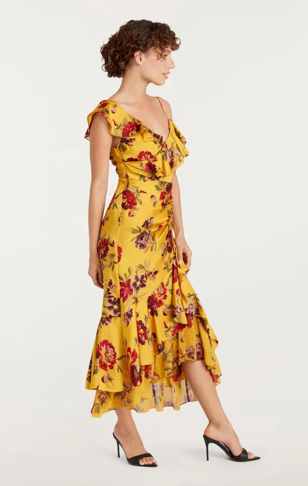 Women Midi Cinq Sept Nara Dress Deep Gold Multi