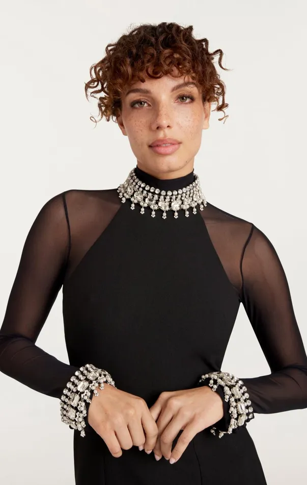 Women Mini Cinq Sept Pearl Trim Loretta Dress Blacksilver