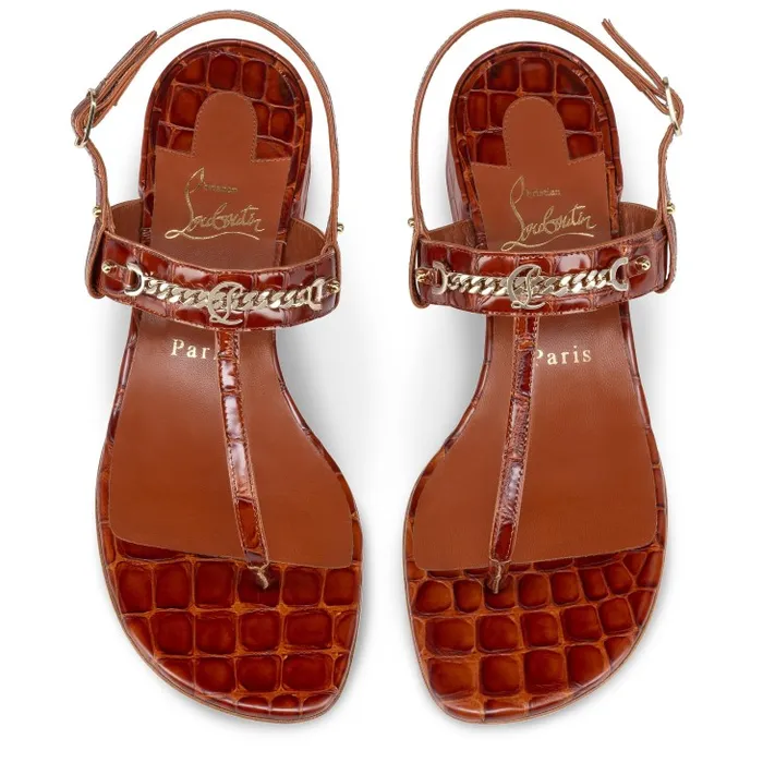 Women MJ Thong 25 Mm Mules 8211 Alligator Embossed Calf Leather 8211 Acajou Christian Louboutin Flats and Loafers