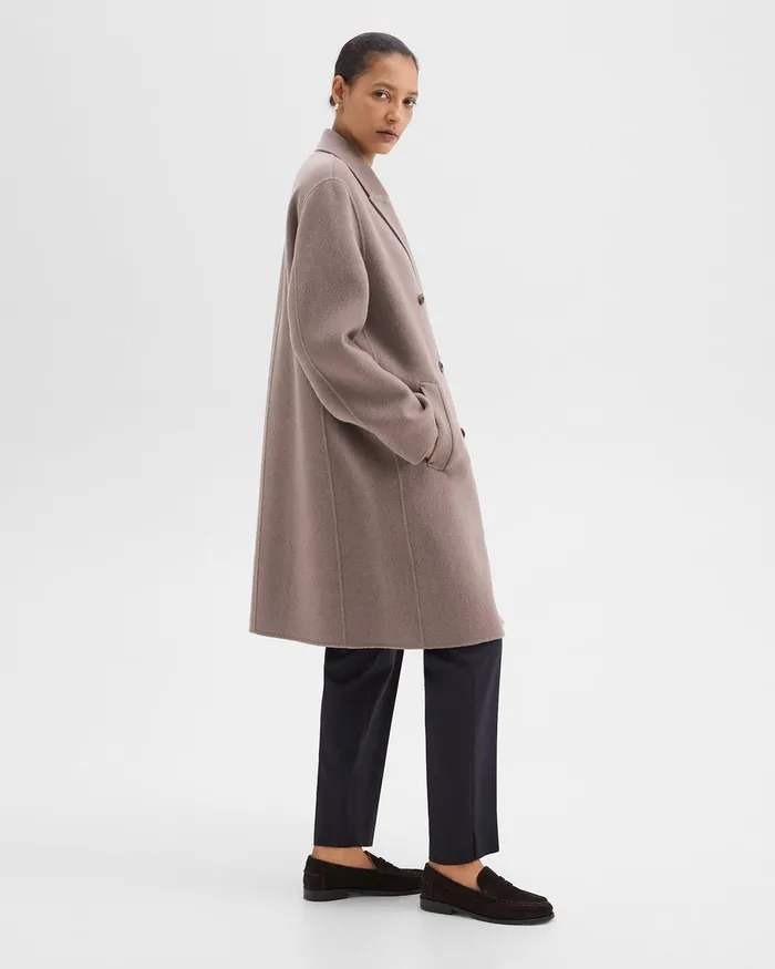 Women Outerwear Theory DoubleBreasted Coat In DoubleFace WoolCashmere Cinder Melange