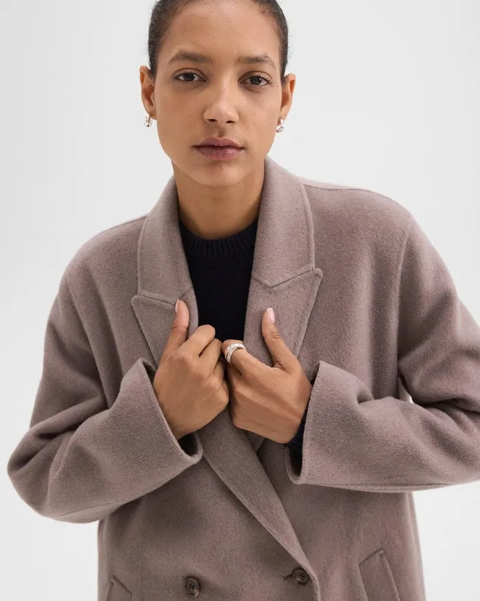 Women Outerwear Theory DoubleBreasted Coat In DoubleFace WoolCashmere Cinder Melange