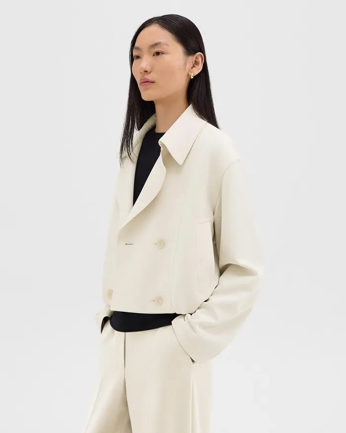 Women Outerwear Theory DoubleBreasted Crop Trench In Admiral Crepe Rice