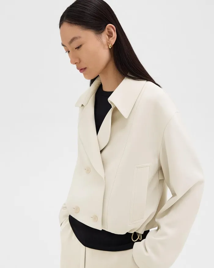 Women Outerwear Theory DoubleBreasted Crop Trench In Admiral Crepe Rice