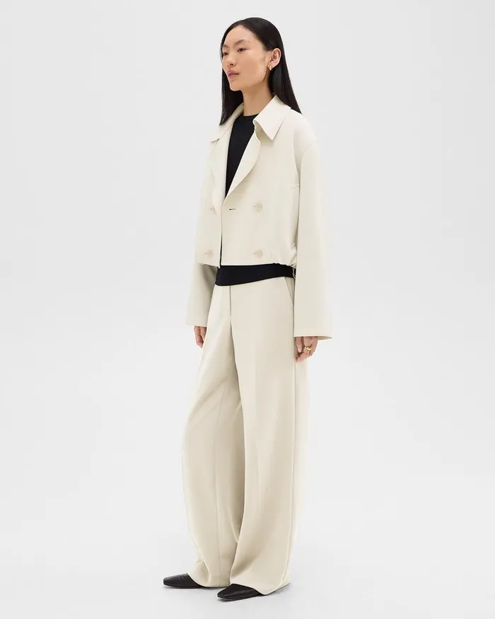 Women Outerwear Theory DoubleBreasted Crop Trench In Admiral Crepe Rice