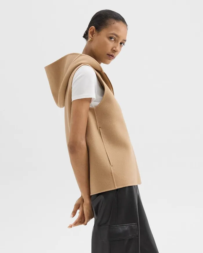 Women Outerwear Theory Hooded ZipUp Vest In DoubleFace WoolCashmere New Camel