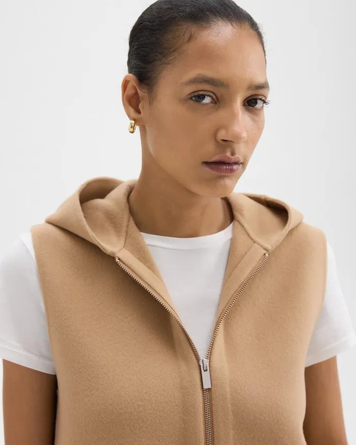 Women Outerwear Theory Hooded ZipUp Vest In DoubleFace WoolCashmere New Camel