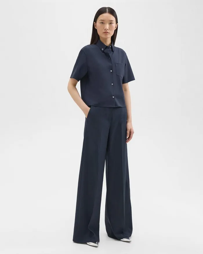 Women Pants Theory HighWaist WideLeg Pant In Good Wool Nocturne Navy