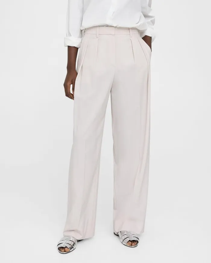 Women Pants Theory Pleated WideLeg Pant In Stretch Wool Sand