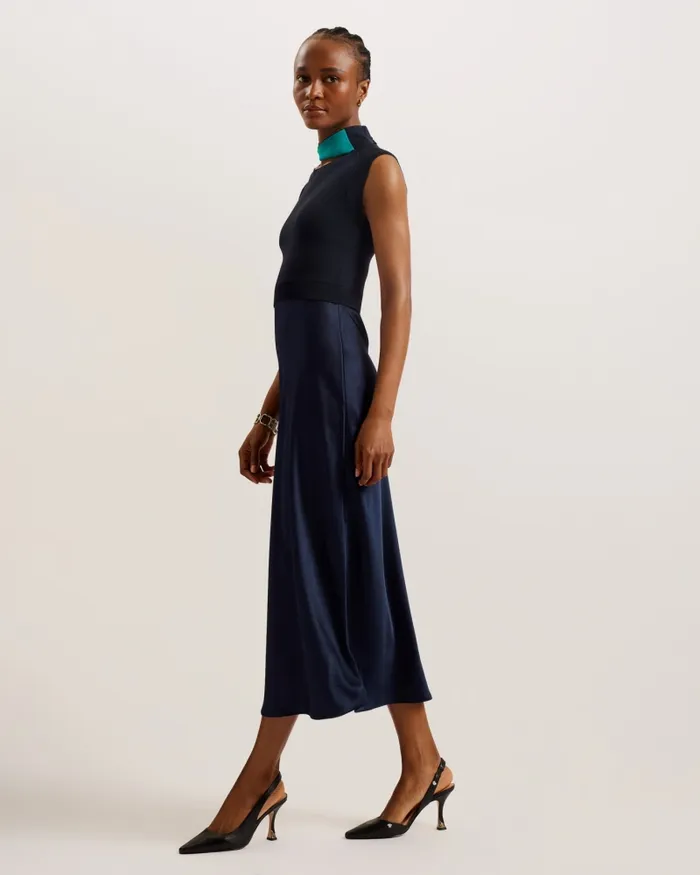 Women PAOLLA 8211 Twist Neck Midi Dress With Satin Skirt Navy Ted Baker Dresses