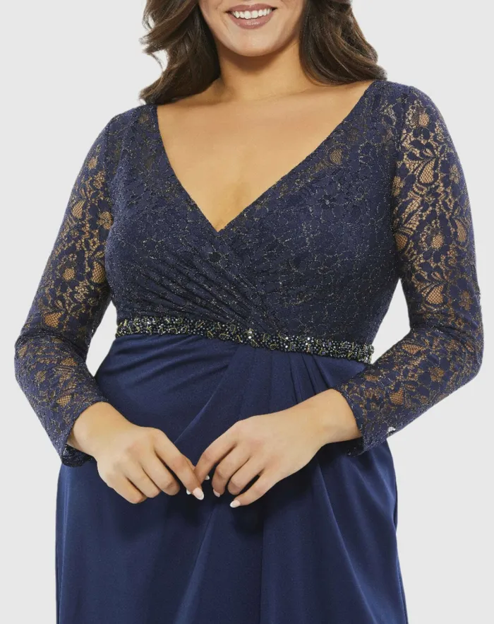 Women Plus Size Dresses Mac Duggal Lace Illusion Long Sleeve VNeck Draped Gown Plus MIDNIGHT