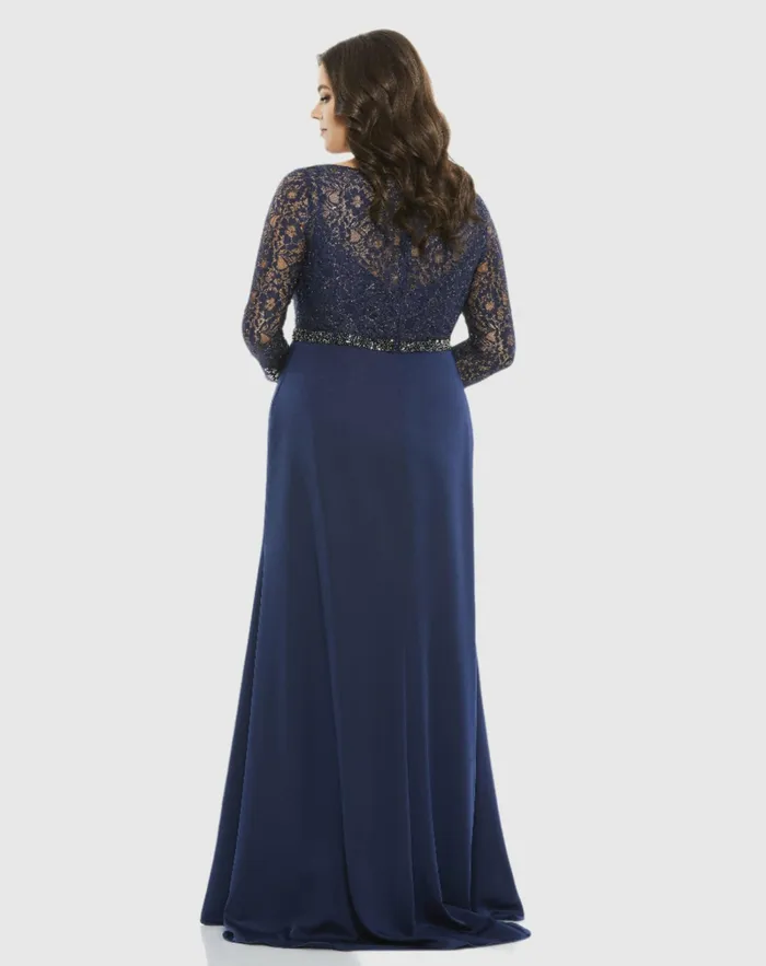Women Plus Size Dresses Mac Duggal Lace Illusion Long Sleeve VNeck Draped Gown Plus MIDNIGHT