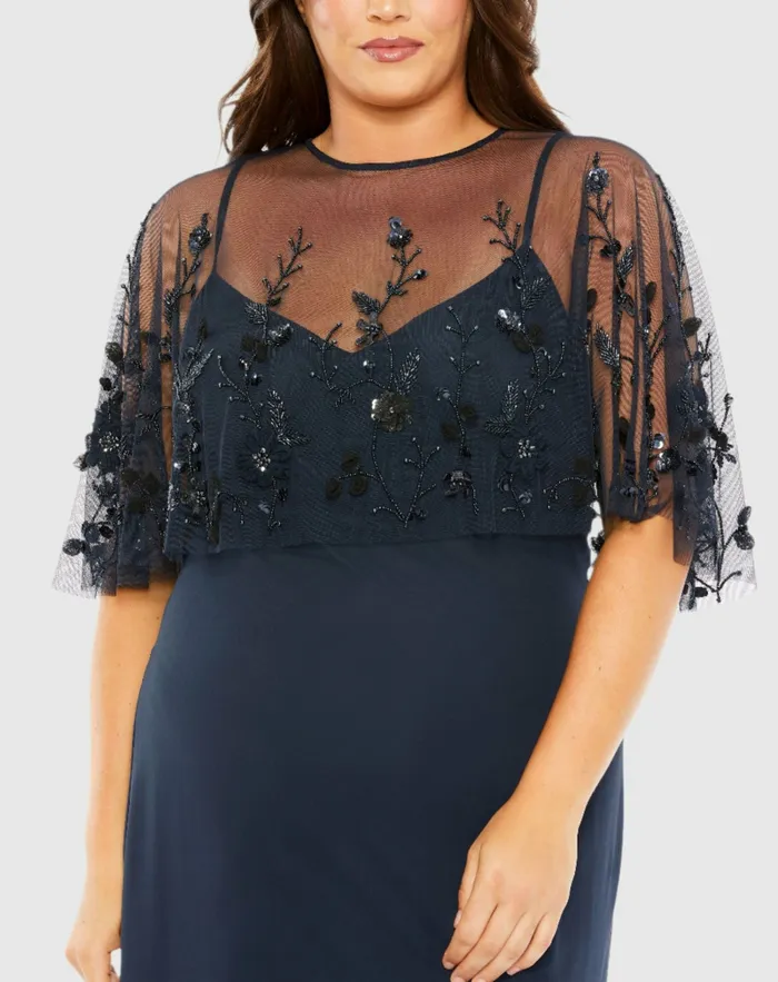 Women Plus Size Dresses Mac Duggal Sleeveless Dress With Embellished Cape Midnight