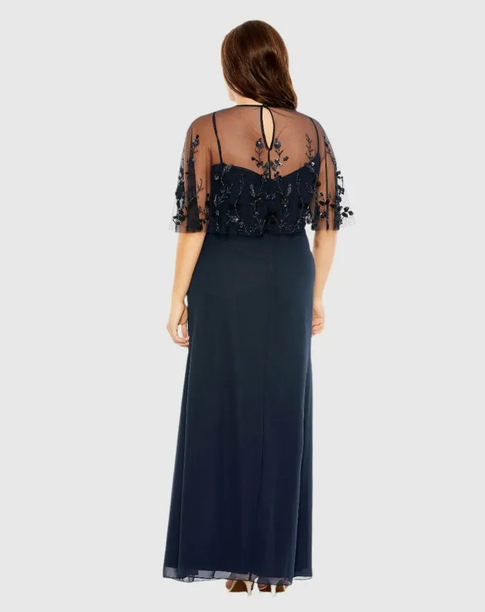 Women Plus Size Dresses Mac Duggal Sleeveless Dress With Embellished Cape Midnight