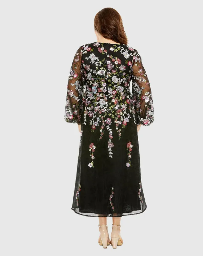 Women Puff Sleeve Embellished A Line Dress Black Multi Plus Size Dresses Mac Duggal