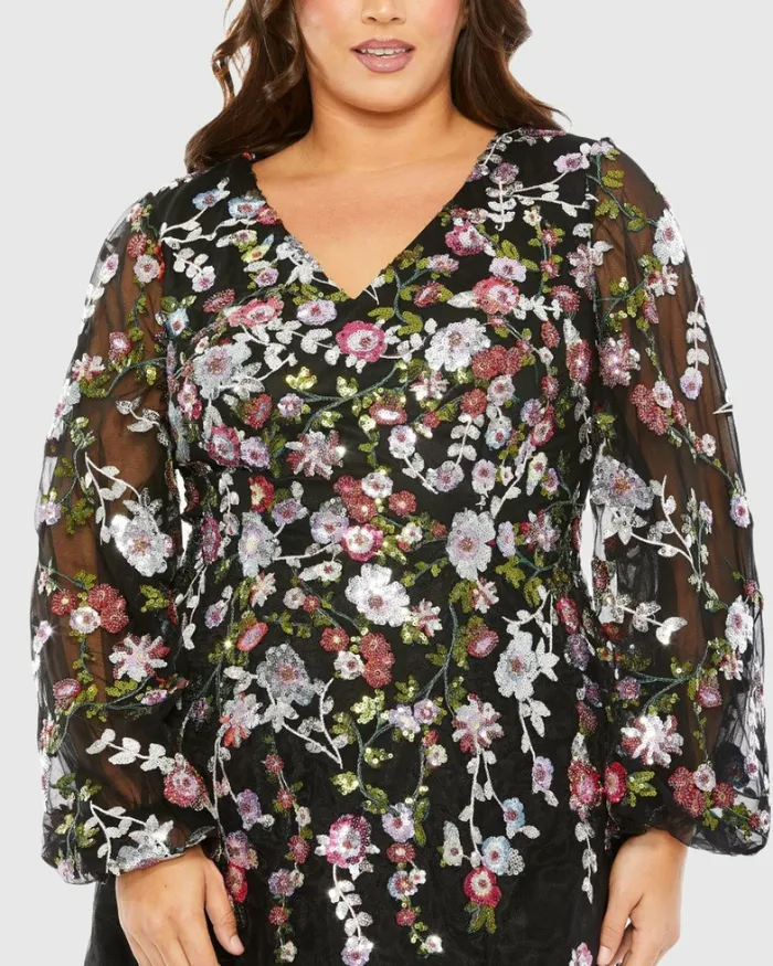 Women Puff Sleeve Embellished A Line Dress Black Multi Plus Size Dresses Mac Duggal