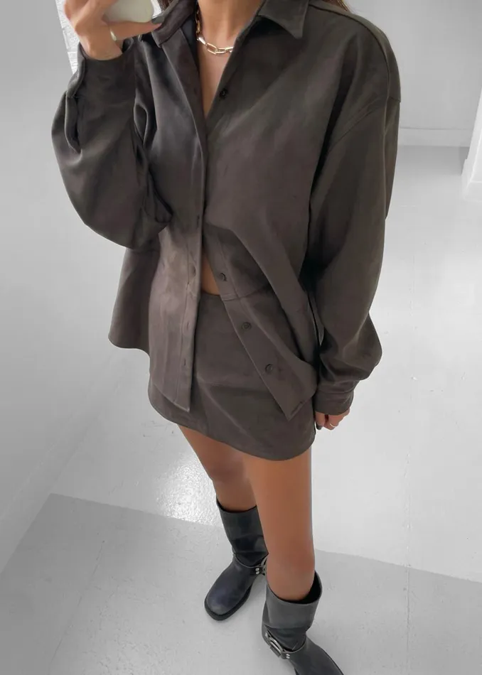 Women Regina Faux Suede Shirt 8211 Brown The Frankie Shop Tops