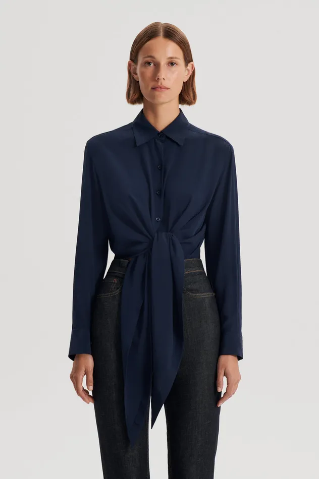 Women Scanlan Theodore SILK TIE FRONT SHIRT NAVY Shirts Women Scanlan Theodore SILK TIE FRONT SHIRT NAVY Shirts