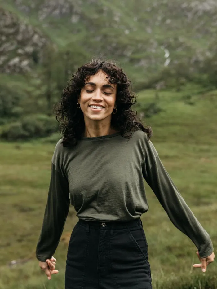 Women Seeker Merino Long Sleeve TShirt Olive Finisterre Tops and Shirts