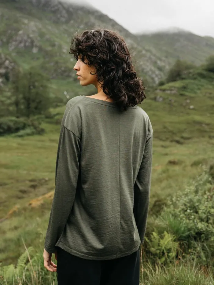 Women Seeker Merino Long Sleeve TShirt Olive Finisterre Tops and Shirts