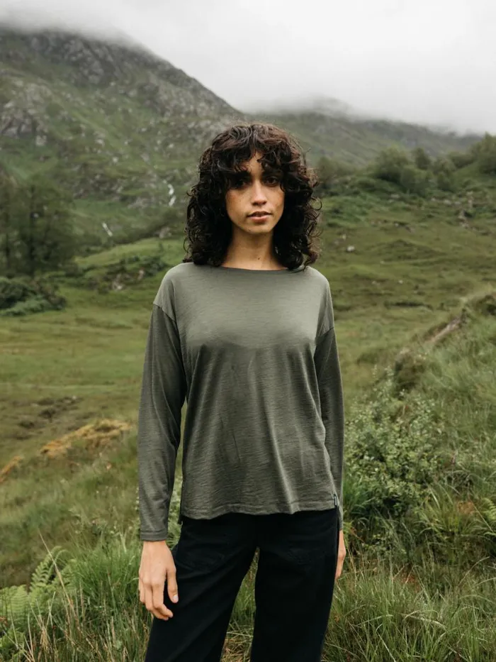 Women Seeker Merino Long Sleeve TShirt Olive Finisterre Tops and Shirts