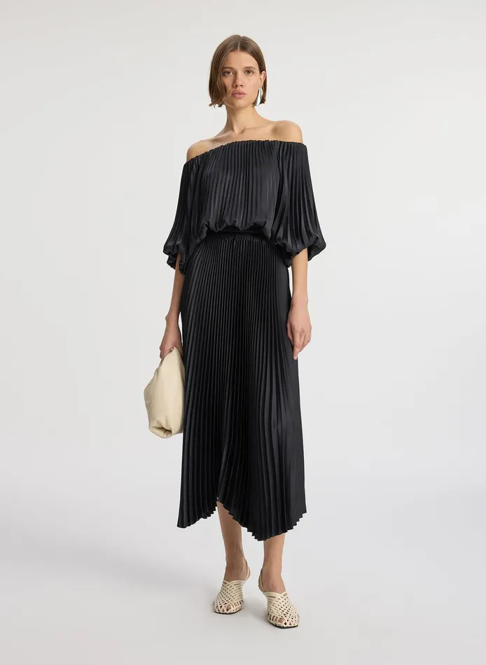 Women Sienna Satin Pleated Off Shoulder Dress Black ALC Dresses