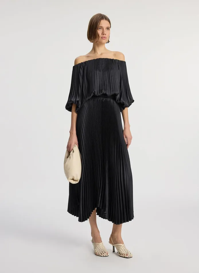 Women Sienna Satin Pleated Off Shoulder Dress Black ALC Dresses