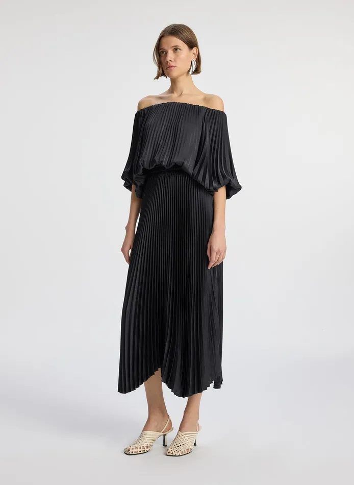 Women Sienna Satin Pleated Off Shoulder Dress Black ALC Dresses