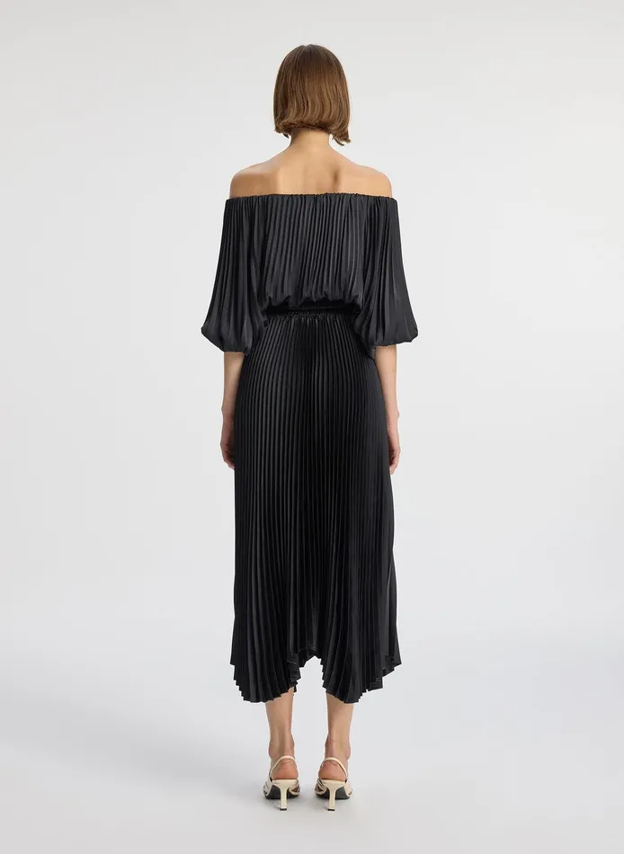 Women Sienna Satin Pleated Off Shoulder Dress Black ALC Dresses
