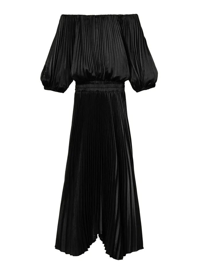 Women Sienna Satin Pleated Off Shoulder Dress Black ALC Dresses