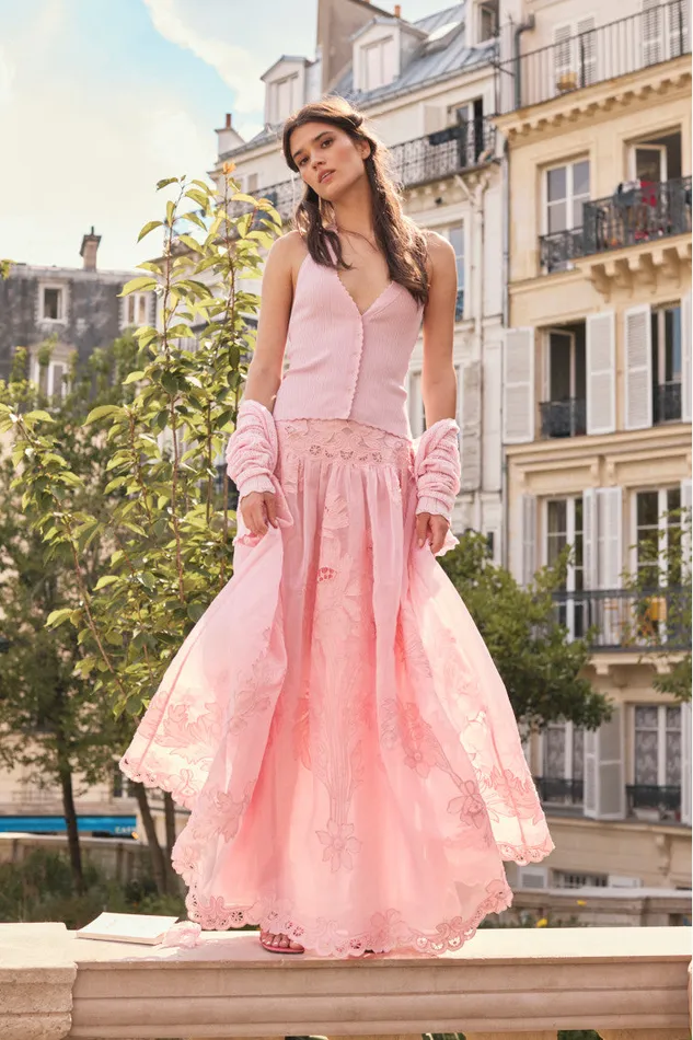 Women Skirts LoveShackFancy Burano Bouquet Applique Embroidered Maxi Skirt Pamela Pink