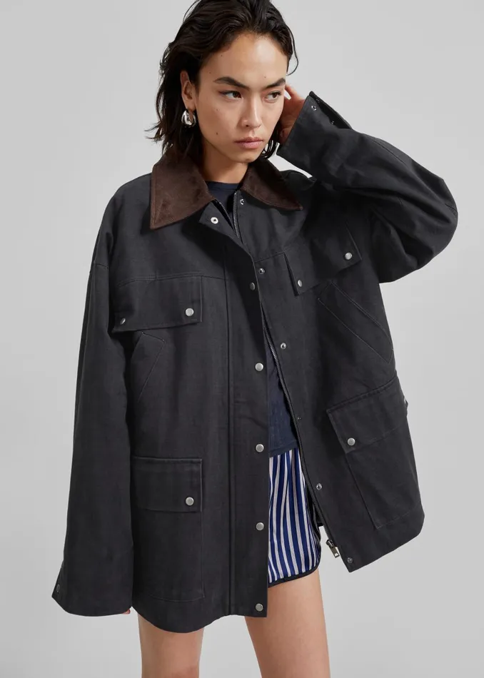 Women Stevan Contrast Collar Cargo Jacket 8211 Charcoal The Frankie Shop Outerwear
