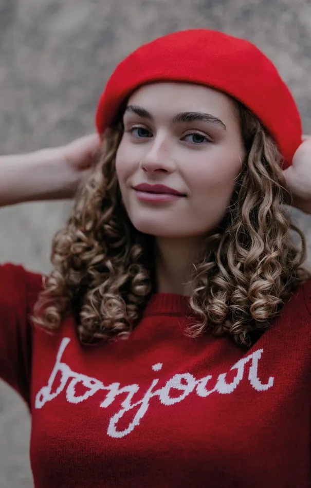 Women Sweaters and Knits Cinq Sept Bonjour Graphic Crewneck Sweater Rosewoodivory