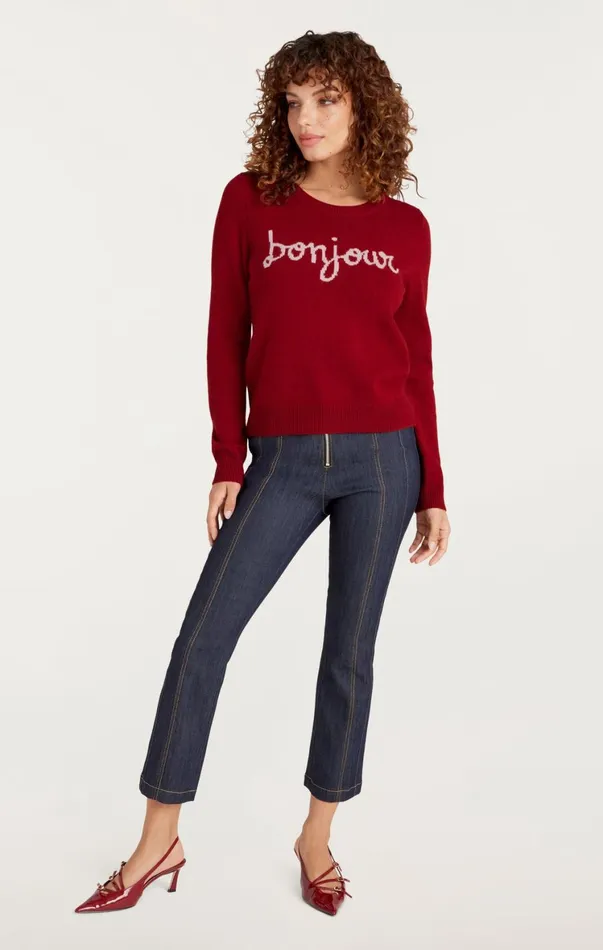 Women Sweaters and Knits Cinq Sept Bonjour Graphic Crewneck Sweater Rosewoodivory