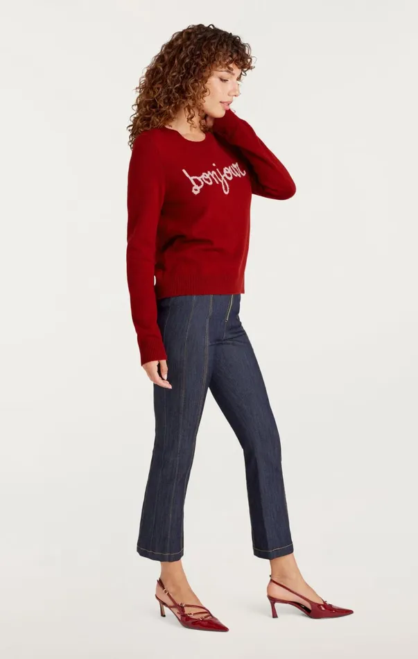 Women Sweaters and Knits Cinq Sept Bonjour Graphic Crewneck Sweater Rosewoodivory