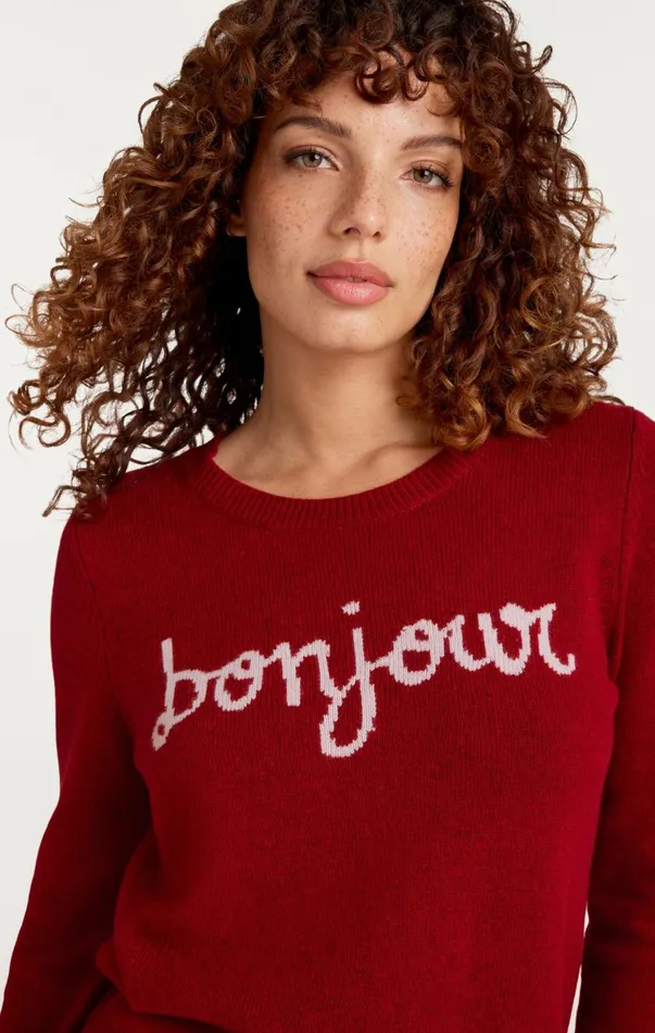 Women Sweaters and Knits Cinq Sept Bonjour Graphic Crewneck Sweater Rosewoodivory